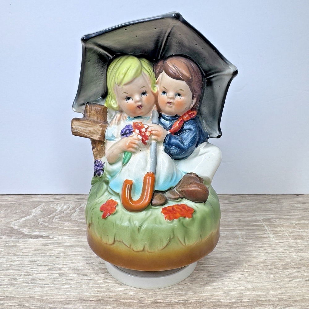 Vintage Ceramic Children Under Umbrella Musical Figurine Japan Cottage